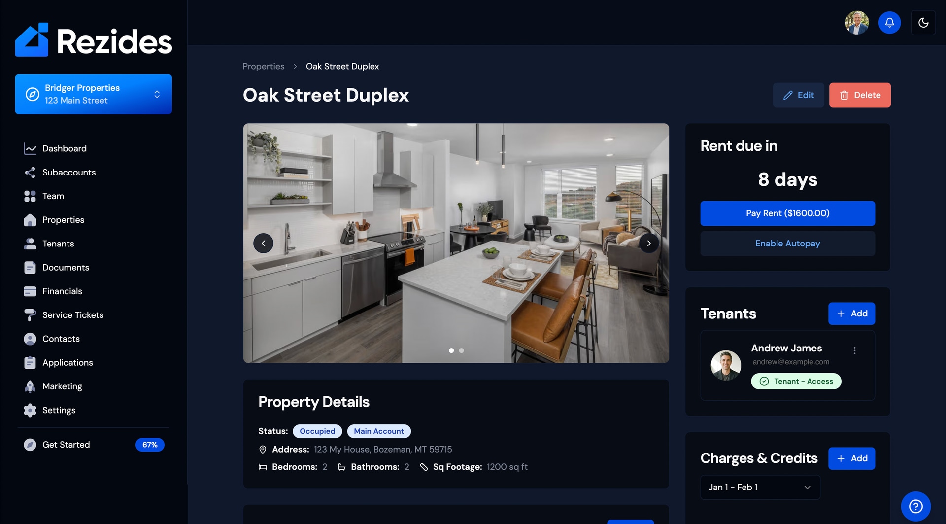 Rezides Tenant Portal - Dark Mode